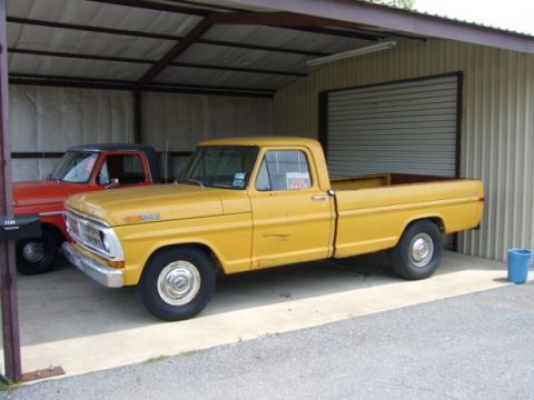 1971 Ford F-250 - Left front view, truck is a regular cab, long bed, 2-wheel drive, Custom (base model) trim