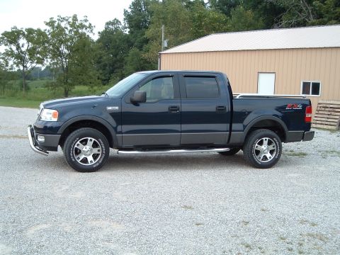 2005 Ford F-150 - Dark blue Ford F-150 pickup truck parked on a gravel lot in front of a tan building.