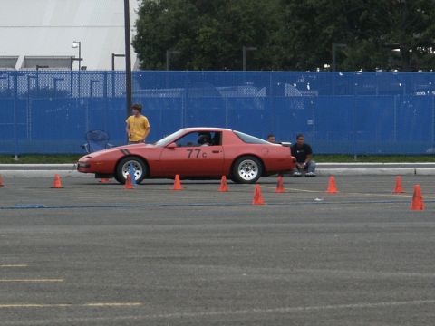 2001 Mercury Grand Marquis - Red Pontiac Firebird with racing stripes and '77c' on the door, parked on asphalt with orange cones.