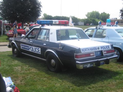 1991 Ford LTD Crown Victoria - black-and-white "North Haven Police" four-door sedan with roof light bar, parked on grass among other show cars.