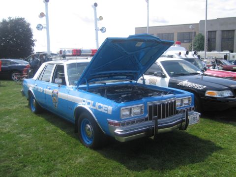 1991 Ford LTD Crown Victoria - blue-and-white full-size police sedan lettered "Police" with hood open and roof light bar, parked on grass at a show.