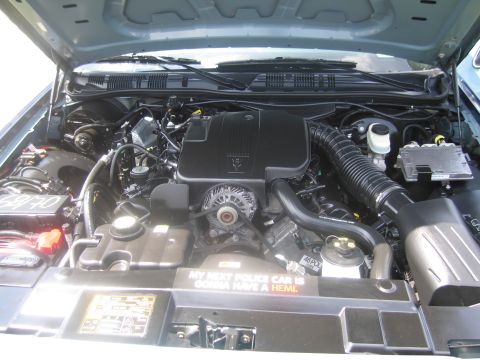 1991 Ford LTD Crown Victoria - Open engine bay of a police car showing a black V8 engine and a sticker reading my next police car is gonna have a Hemi.