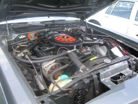 1991 Ford LTD Crown Victoria - Open engine bay of a classic car showing a V8 with a black round air cleaner bearing an orange decal and assorted hoses and wiring.