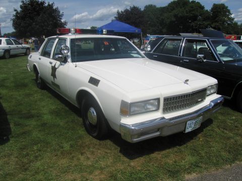 1991 Ford LTD Crown Victoria - white boxy Chevrolet Caprice police sedan with a star decal and roof light bar, parked on grass among other cruisers.