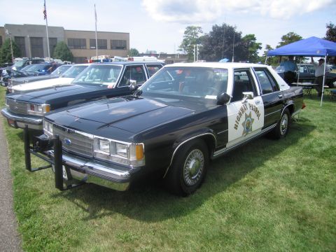 1991 Ford LTD Crown Victoria - black-and-white Ford LTD Crown Victoria Highway Patrol sedan with push bar and star decal, parked on grass at a show.