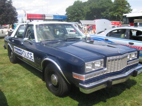 1991 Ford LTD Crown Victoria - dark blue and white police sedan lettered POLICE sits on grass at an outdoor show, fitted with a red and blue roof lightbar.