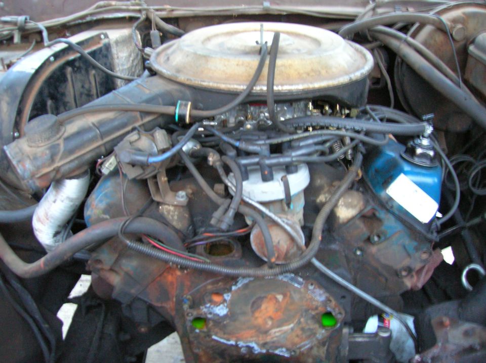 1978 Ford F-250 engine bay with a V8 engine, air cleaner, distributor, and various hoses