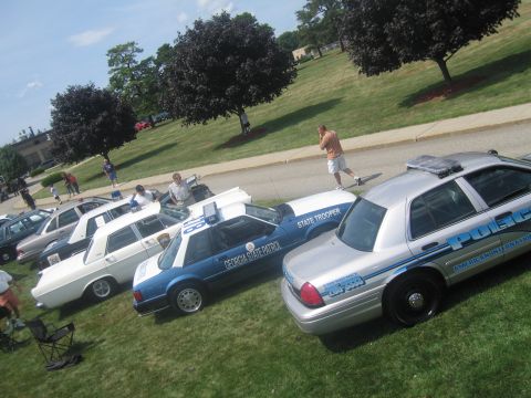 1991 Ford LTD Crown Victoria - elevated view shows a row of police cars on grass, led by a silver POLICE Crown Victoria, with people walking on the pavement beyond.