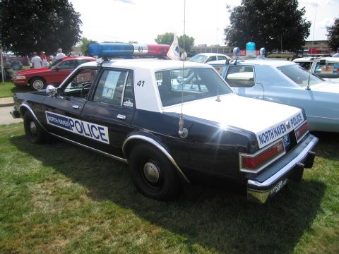 1991 Ford LTD Crown Victoria - rear quarter of a black-and-white North Haven Police sedan numbered 41, with a roof lightbar, is displayed on grass at a car show.