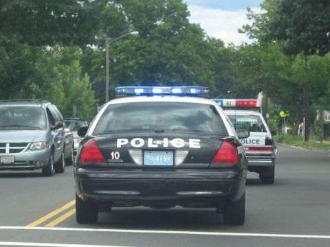 1991 Ford LTD Crown Victoria - rear of a black police cruiser marked POLICE and numbered 10 shows lit blue beacons on a tree-lined road.
