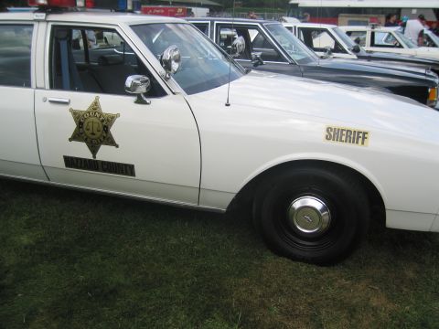 1991 Ford LTD Crown Victoria - white Hazzard County Sheriff sedan with a gold star decal and chrome spotlight is parked on grass at a car show.