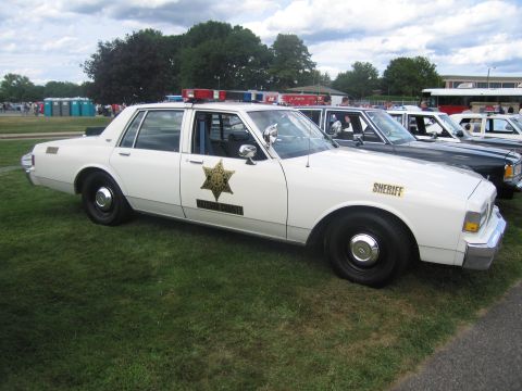 1991 Ford LTD Crown Victoria - white Sheriff sedan with a gold star door decal and roof light bar is parked on grass among other show cars.