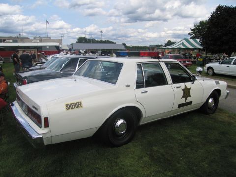 1991 Ford LTD Crown Victoria - white Sheriff sedan with a gold star and spotlight, seen from the rear quarter, sits on grass at a car show.