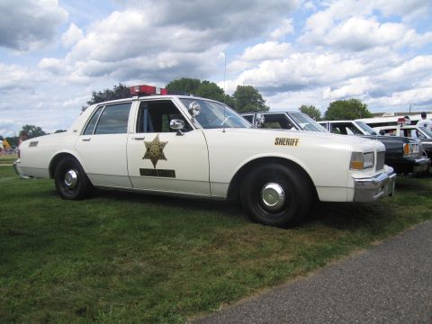 1991 Ford LTD Crown Victoria - Side profile of a white Sheriff sedan with a gold star door decal, spotlight, and red roof light bar on grass.