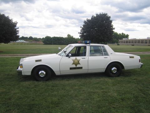 1991 Ford LTD Crown Victoria - white Chevrolet Caprice sheriff's patrol sedan with gold star decals and roof light bar, parked side-on across a grassy field.