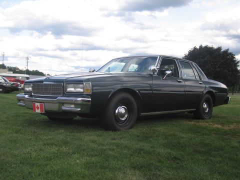 1991 Ford LTD Crown Victoria - black Chevrolet Caprice sedan with roof spotlight and Canadian flag front plate parked on grass beside other cars.