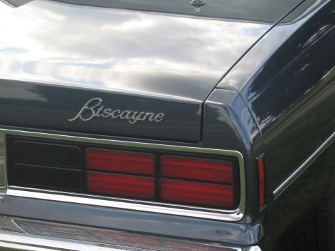 1991 Ford LTD Crown Victoria - Detail of a dark green car's rear quarter panel showing a chrome "Biscayne" emblem above a ribbed red taillight.