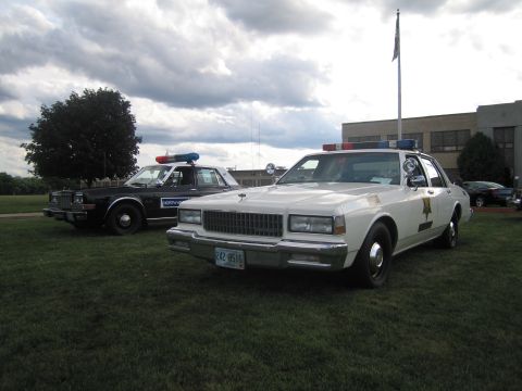 1991 Ford LTD Crown Victoria - white sheriff sedan marked with a gold star is parked on grass next to a black-and-white police car near a flagpole.