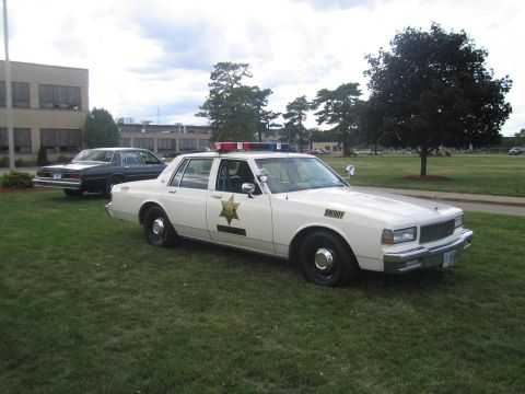 1991 Ford LTD Crown Victoria - white sheriff's cruiser with a gold star door emblem and roof lightbar sits on a lawn beside another sedan.