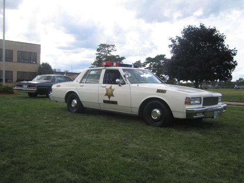 1991 Ford LTD Crown Victoria - white sheriff's sedan with a gold star decal and red-and-blue roof lightbar parked on grass near a building.