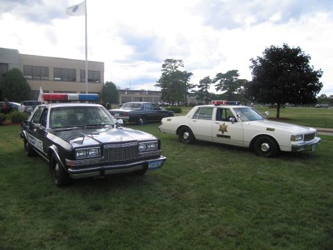 1991 Ford LTD Crown Victoria - dark police sedan and a white sheriff sedan with gold star decal are parked together on a lawn under cloudy skies.