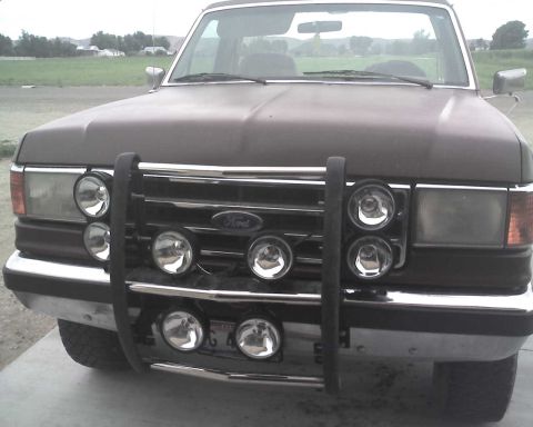 1990 Ford Bronco - Front view of a dark brown Ford truck, equipped with a chrome grille guard and auxiliary lights.