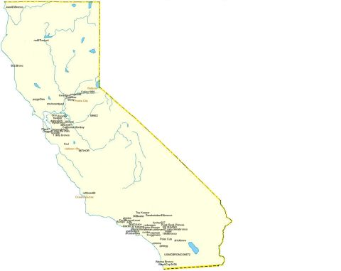 1989 Ford Bronco - Map of California with member usernames plotted at their locations.