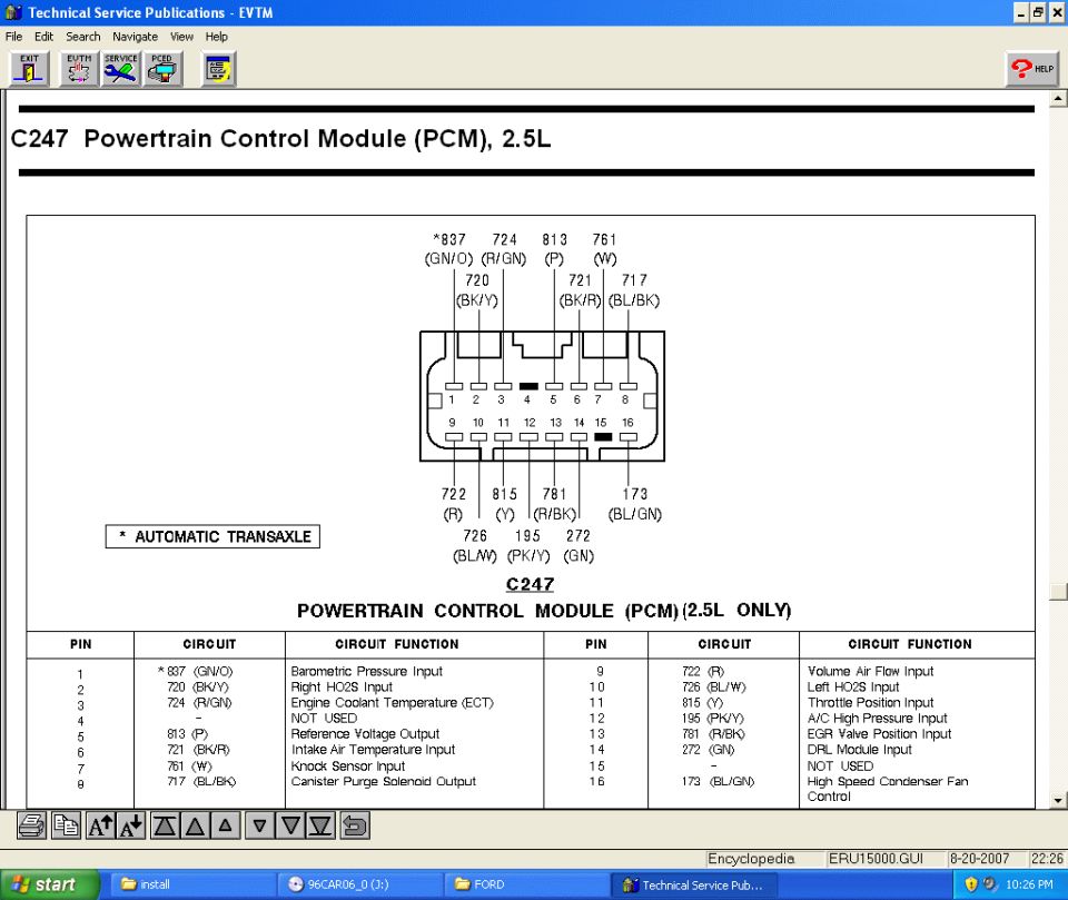 PCM connector pinout diagram for 2.5L with pin numbers, wire colors and function table