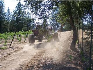 1986 Ford Bronco - An off-road vehicle navigates a dusty trail surrounded by trees and vineyards.