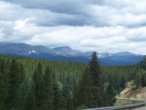 1972 Ford Ranchero - A winding road passes through a dense pine forest, leading towards distant mountains under a dramatic, cloudy sky.