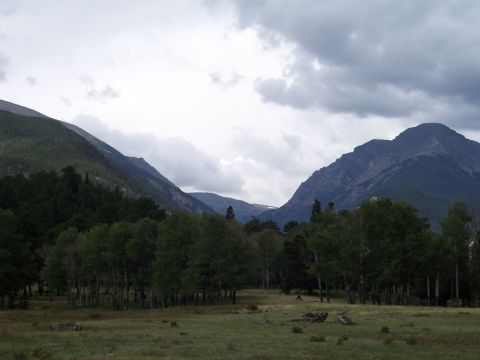 1972 Ford Ranchero - A vast mountain range looms over a meadow dotted with trees, under a dramatic, overcast sky.