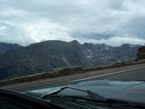 1972 Ford Ranchero - View of mountains from inside a vehicle on a cloudy day.