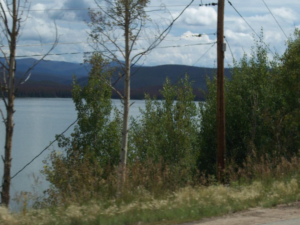 Lake and forested mountains viewed through trees with a utility pole and power lines