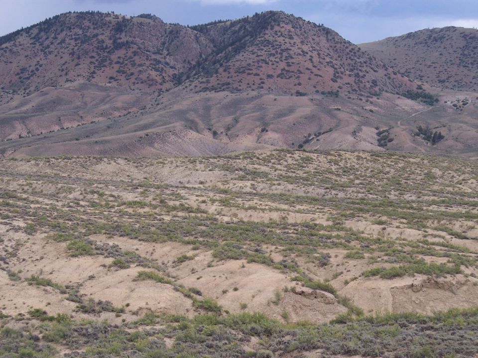 Arid foothills and mountains with scattered brush under a cloudy sky