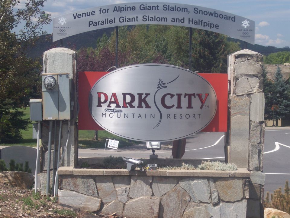 Park City Mountain Resort entrance sign with Salt Lake 2002 Olympic venue banner