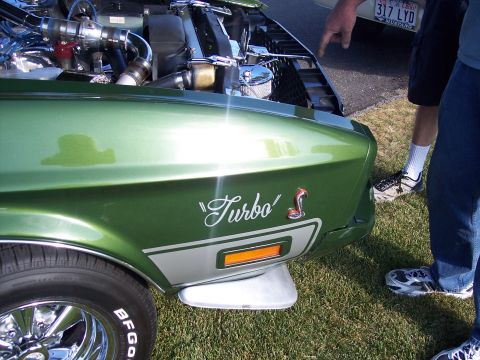 1972 Ford Ranchero - A green car's fender displays "Turbo" and a cobra emblem, with a license plate visible in the background.