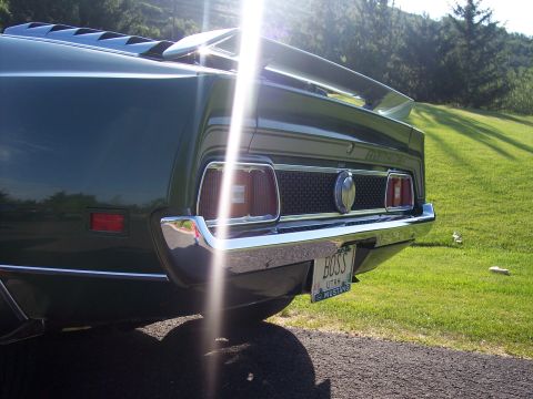 1972 Ford Ranchero - The rear of a green 1971 Ford Mustang Mach 1 is shown parked on a sunny day.