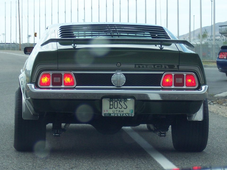 Rear of dark green Ford Mustang Mach 1 with Utah BOSS plate