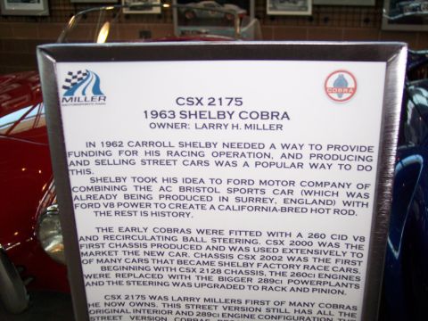 1972 Ford Ranchero - A historical document describes the 1963 Shelby Cobra, CSX 2175, and its owner, Larry H. Miller.