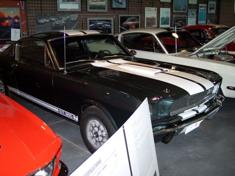 1972 Ford Ranchero - A dark green 1966 Ford Mustang Shelby GT350 is displayed indoors with other vehicles.