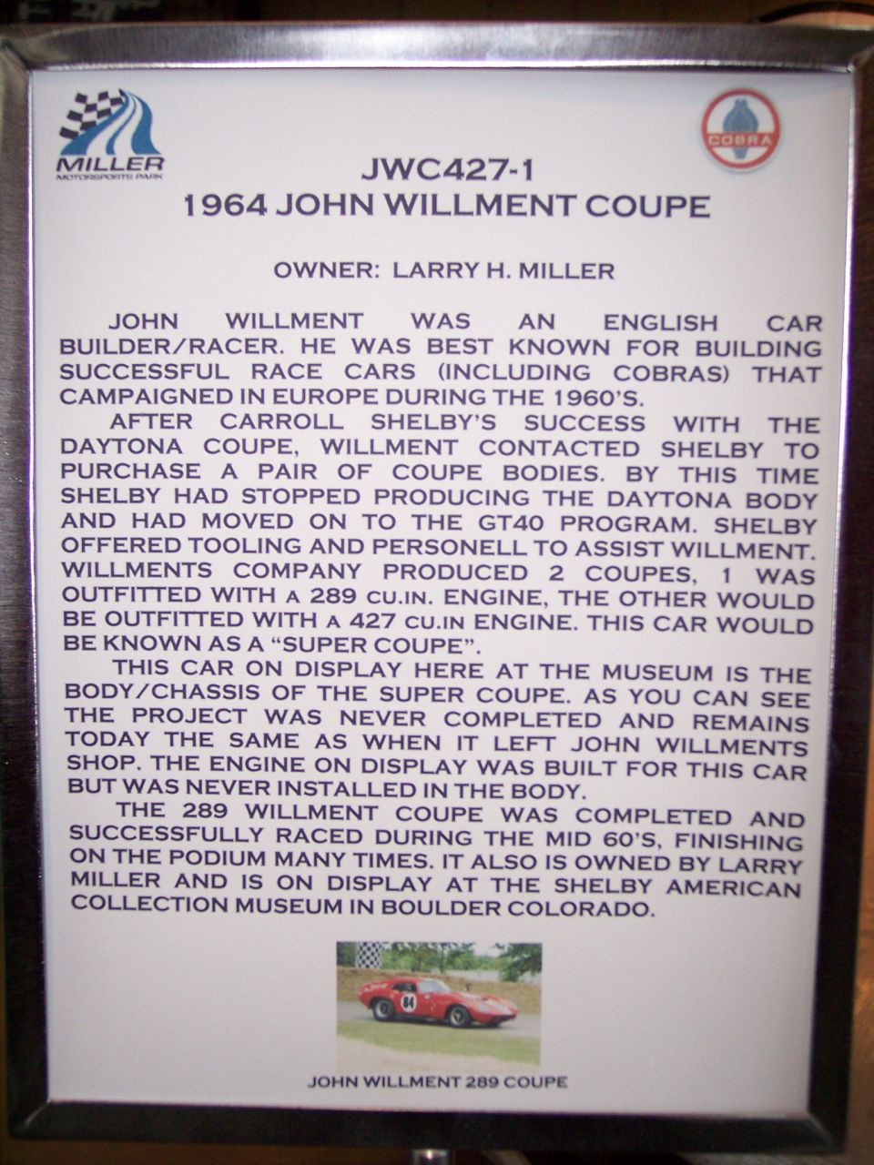 Museum display placard describing the 1964 John Willment Coupe