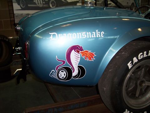 1972 Ford Ranchero - A blue race car features a 'Dragonsnake' decal and a graphic of a cobra breathing fire.