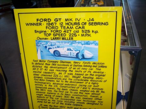 1972 Ford Ranchero - Information plaque detailing the Ford GT Mk IV J4, winner of the 1967 12 Hours of Sebring race.
