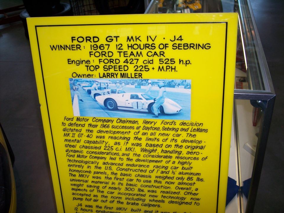 Museum display placard describing the Ford GT MK IV J4 Sebring winner