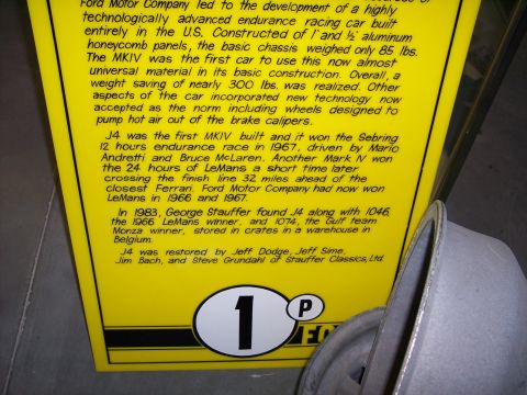 1972 Ford Ranchero - Sign details the history and restoration of the Ford GT40 Mk IV J4 race car.