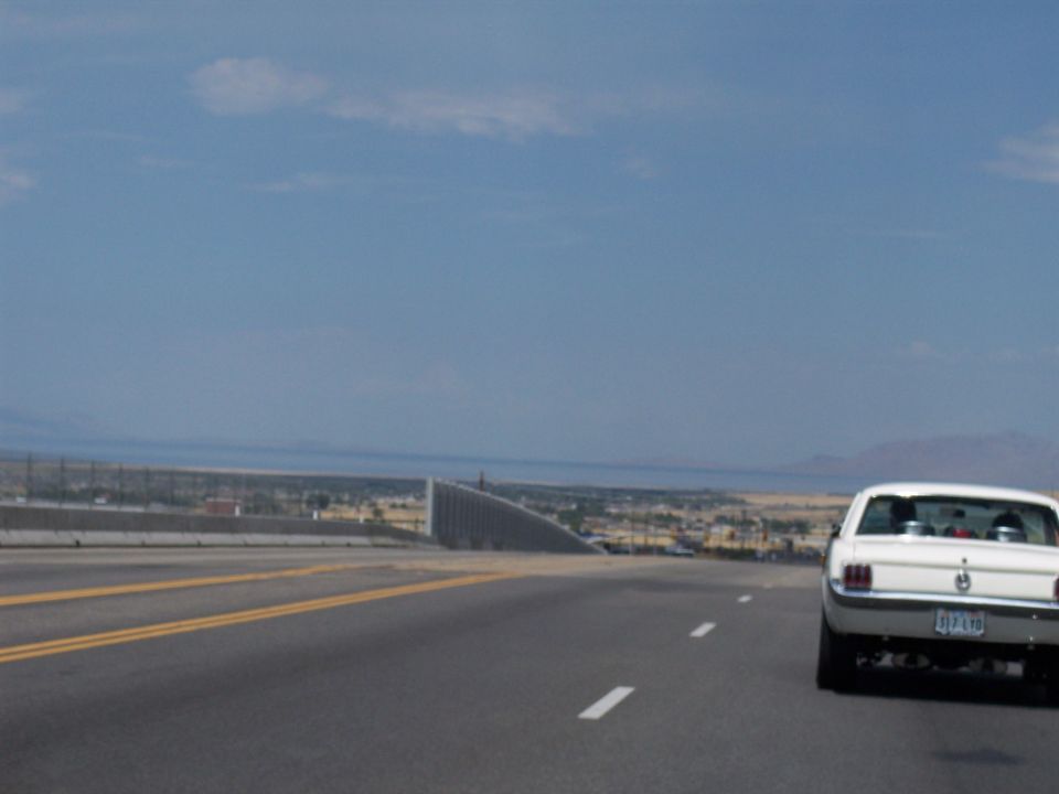 White classic Mustang coupe seen from behind on a desert highway
