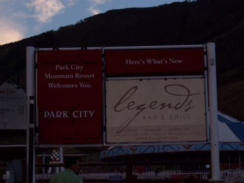 1972 Ford Ranchero - A sign welcomes visitors to Park City Mountain Resort and advertises Legends Bar & Grill.