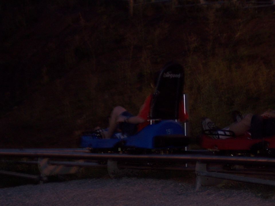 Blue Wiegand alpine coaster cart number 15 on a metal rail track at night