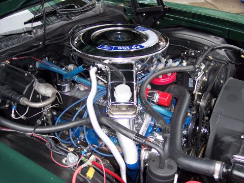 1972 Ford Ranchero - Engine bay detail showing a Ford 351-CJ motor with custom hoses and air cleaner.