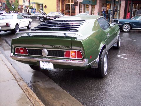 1972 Ford Ranchero - A green 1971 Ford Mustang Mach 1 is parked on a wet street, with other cars visible.